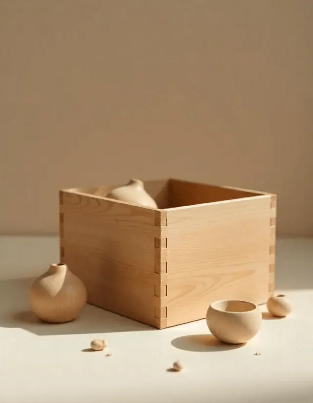 Boîte en bois artisanale avec mini vases en céramique. Décoration minimaliste et naturelle. Découvrez des objets déco faits main pour un intérieur chaleureux et épuré.